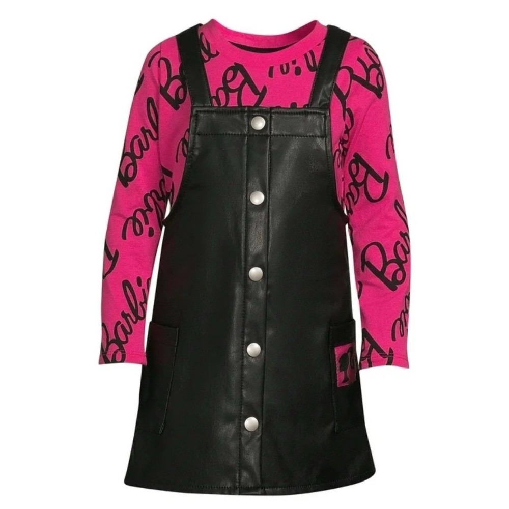 Cute Girls 5T Pink & Black Barbie Graphic T-Shirt and Jumper Dress Set‎ New